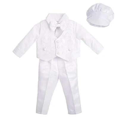 Afbeelding van Lito Angels Wit kostuum met jacquard vest en muts voor baby&#039;s, jongens, doopkleding, bruiloft, ceremonie, Wit.