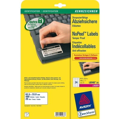 Afbeelding van Avery Zweckform L6146 20 Veiligheidsetiketten 63.5 x 33.9 mm Polyester folie Wit 480 stuk(s) Permanent hechtend Laser (zwart/wit)