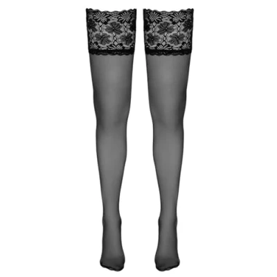 Afbeelding van Cottelli Collection Stay Up Kousen met Bloemen Motief en Siliconen Anti Slip Maat L Zwart