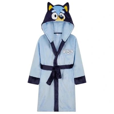 Afbeelding van Bluey Fleece badjas voor meisjes met capuchon en ceintuur, comfortabele cadeaus meisjes, Blauw