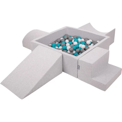 Afbeelding van KiddyMoon Foam Speeltoestel Met Vierkant Ballenbad (200 ballen), Lichtgrijs: grijs/wit/turquoise