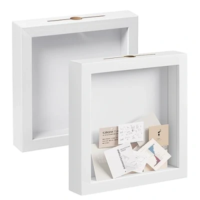 Afbeelding van EUGAD Set van 2 3D schaduwboxframes met sleuf, diep frame, vierkant, 20 x cm, voor objecten tot 3 presentatiedoos houten frame foto&#039;s, handwerk, medailles, herinneringen, wit