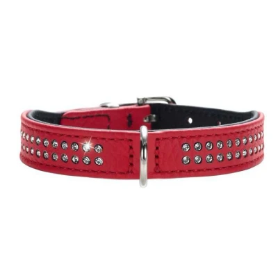 Afbeelding van HUNTER DIAMOND KLEINE hondenhalsband, leer, met strass, maat 27, rood/zwart