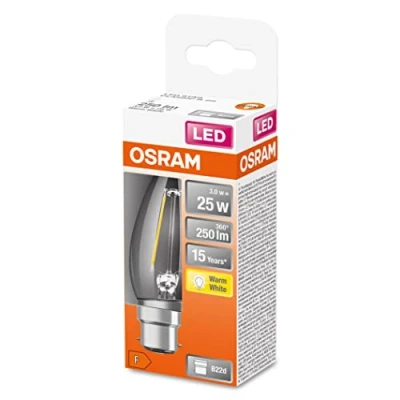 Afbeelding van OSRAM LED Star Classic B25 kaarslamp, transparant, B22d fitting, warm wit (2700 K), vervangt conventionele 25 W lampen, 1 stuk