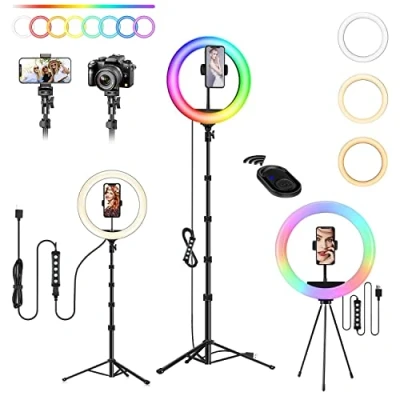 Afbeelding van Ring met statief voor mobiele telefoon, 3 daglichten, 47 RGB modi, statief, hoogte 160 cm, dimbaar, YouTube, Selfie, make up, Tik Tok