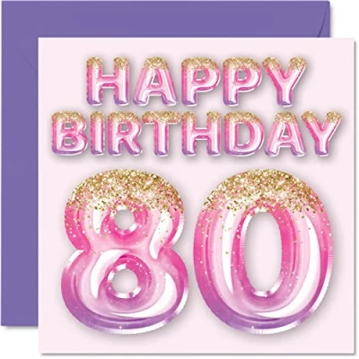 Afbeelding van Verjaardagskaart 80 jaar voor vrouwen, roze en paarse glitterballonnen, verjaardagskaarten 80e vrouw, grootmoeder, oma, 145 mm x mm, wenskaarten