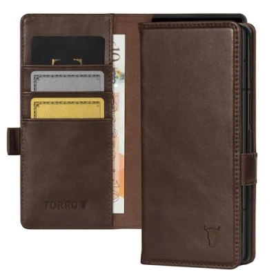 Afbeelding van TORRO Beschermhoes compatibel met Samsung Galaxy Z Fold6 portemonnee van echt leer standaard en kaarthouder (donkerbruin)