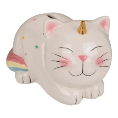 Afbeelding van Spaarpot eenhoorn kat/poes met slotje 17 cm Unicorn dieren spaarpotten