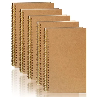 Afbeelding van PALUDO Set van 5 A5 notitieboeken, spiraalbinding, geruit, klassiek, kraftpapier, 100 pagina&#039;s/50 vellen, notitieboek, A5, tekenboek, voor reizen, school, kantoor