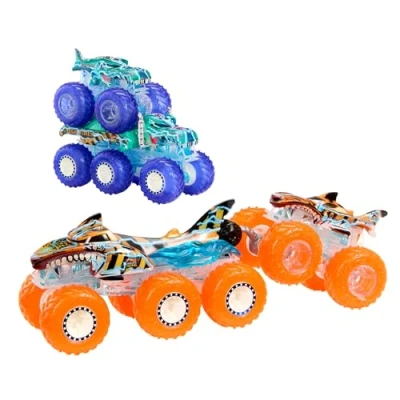 Afbeelding van Hot Wheels Monster Trucks Multipack vrachtwagen met Tiger Shark en Mega Wrex in schaal 1:64 hun grote schieten transportband Power Smashers decoraties, speelgoed voor kinderen, 3 jaar oud,