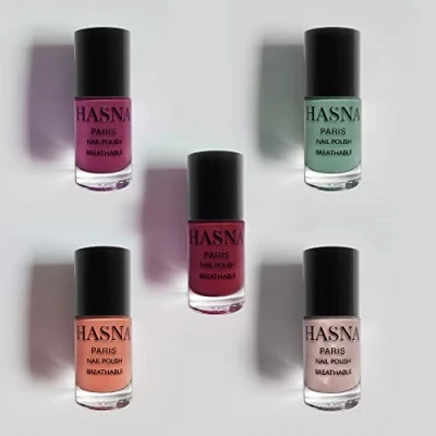 Afbeelding van Hasna Paris Halal Nagellak Privécollectie Eco Responsible Glanst en Blijft lang zitten Gemakkelijk aan te brengen verpakking van 5x 6ml (SUMMER)