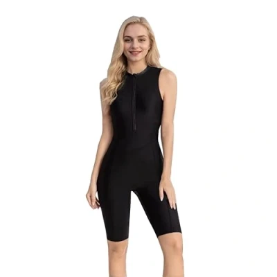 Afbeelding van BEACHKINI damesbadpak met korte mouwen/mouwloos, eendelig boyleg badpak, opstaande kraag, 33 Zwart, XL