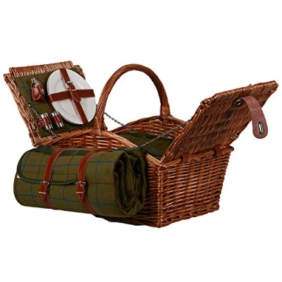 Afbeelding van UNUS Picknickset voor 2 personen met picknickmand geïntegreerde koeltas, picknickdeken 135 x 115 cm, bestek en servies, natuurmand, groene deken