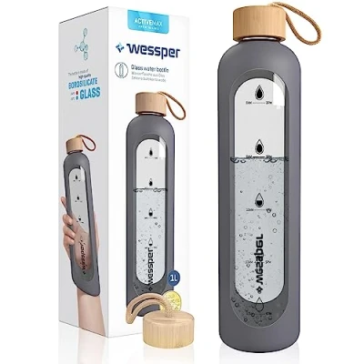 Afbeelding van Wessper 1 liter glazen drinkfles met tijdmarkeringen, BPA vrij, motivatie om te drinken, waterfles van borosilicaatglas, luchtdichte fles bamboedeksel, herbruikbaar, inclusief