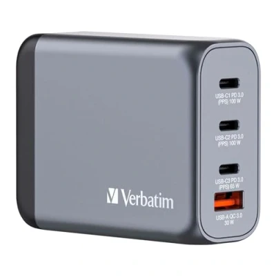 Image de Verbatim Adaptateur secteur GaN 100 Watt 5 A PD 3.0, QC PD/PPS 4 connecteurs de sortie (USB, 3 x USB C)