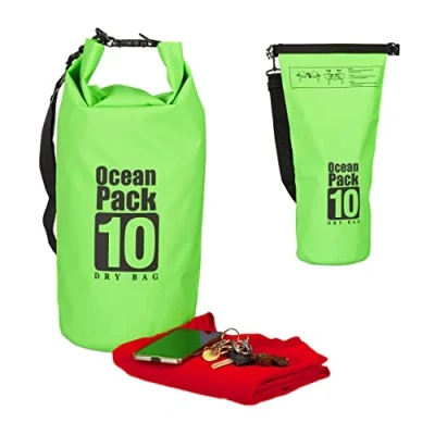 Afbeelding van Relaxdays Ocean Pack Ultralichte waterdichte tas voor kajakken, zeilen, raften, skiën, Groen, 10 l, schoolrugzak, schoolrugzak