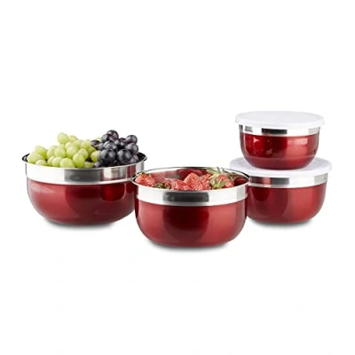 Afbeelding van Relaxdays Schalenset 4 delig gekleurde kommen slakommen keukenhulp met deksel rood