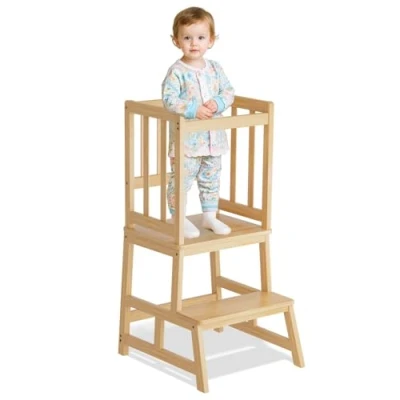 Image de COSYLAND Tour d’Observation Montessori pour Enfant Chaise d’Apprentissage Sécurisée à Partir de 18 Mois Learning Tower en Bambou Clair