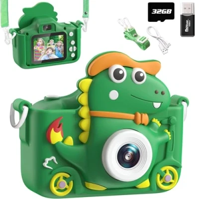 Afbeelding van digitale dinosauruscamera, camera, 2 inch, 1080p, 32 GB, selfie, cadeau, kinderspeelgoed, jongens en meisjes, 3, 4, 5, 6, 7, 8, 9, 10, 11, 12 jaar, groen