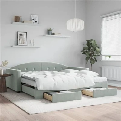 Afbeelding van vidaXL Slaapbank onderschuifbed en lades 100x200 cm fluweel lichtgrijs