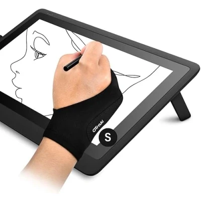 Afbeelding van OTraki Set van 2 tekenhandschoenen voor grafische tablet, kunstenaarshandschoenen, anti fouling, elastische stof, handschoenen met twee vingers, rechtshandigen, linkshandigen, pad tekenen, maat S