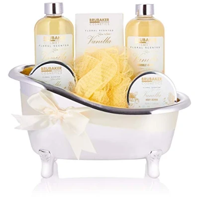 Afbeelding van BRUBAKER Cosmetics Vanille bad en doucheset Cadeautip Vrouw Cadeau Idee Verwenpakket 7 delige geschenkset in decoratieve badkuip Moederdag cadeautje