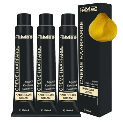 Image de FemMas Lot de 3 teintures Pure&amp;Mix, 100 ml, crème professionnelle, coloration intense et permanente, pour des styles cheveux lumineux créatifs, à l’huile d&#039;argan, kératine céramides, jaune