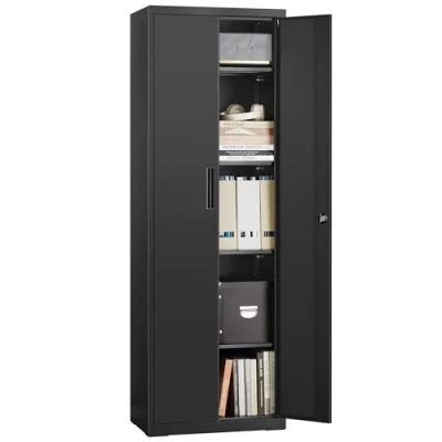 Afbeelding van SONGMICS Opbergkast voor kantoor, van staal, kast, 5 niveaus, dubbele deuren, slot, gereedschapskast, verstelbare planken, garage, matzwart OMC014B01