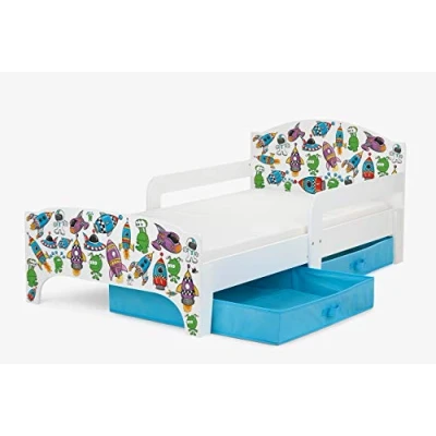 Afbeelding van Leomark Kinderbed Smart, eenvoudig, van hout, alienmotief, met lades, opbergruimte voor beddengoed, lattenbodem, matras, valbestendig, uv print, ligoppervlak 140 x 70 cm
