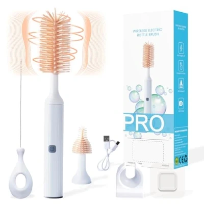 Afbeelding van Orzbow Elektrische 3 in 1 waterdichte siliconen borstels voor flessen, tepels, rietje, reinigingsmodus met twee snelheden, 360 graden draaibare reiniging, 1200 mAh, lange steel (lichtroze)