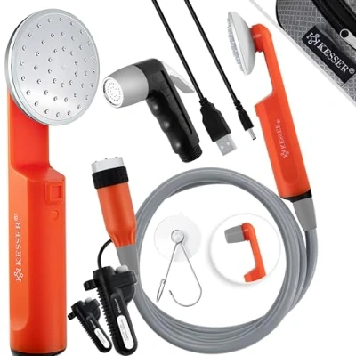 Afbeelding van KESSER® Buitendouche met Accu en 12V Pomp Tuindouche 4,5 liter/minuut oplaadbare mobiele Douche voor Buiten Camping Tuin Zwart / Oranje