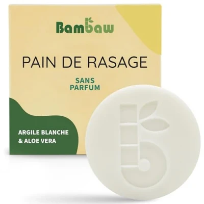 Image de Bambaw Pain de Rasage 80g Savon à l&#039;Argile Blanche &amp; Aloe Vera pour Peau Sensible Vegan Naturel Barbe Sans Parfum