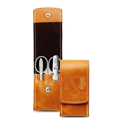 Afbeelding van Nippes Solingen Manicure set 3 delig RVS Cognac Bruin Leren Etui Handgemaakt 25 jaar garantie