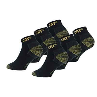 Afbeelding van 6 paar CAT CATERPILLAR heren werkveiligheid sneakersokken dubbele versterking aan teen en hiel, uitstekende kwaliteit katoen, zwart.