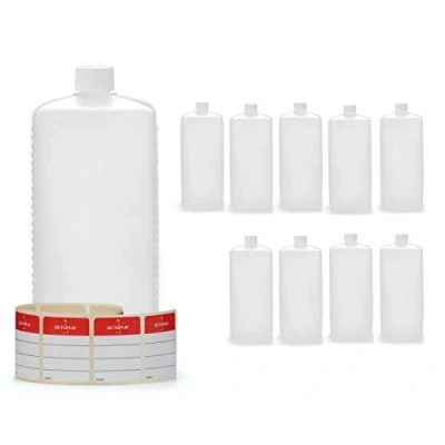 Afbeelding van Octopus Plastic flessen, 10 x 1000 ml, PE HD kunststof flessen met witte schroefdop, lege vierkante flessen. etiketten inbegrepen.
