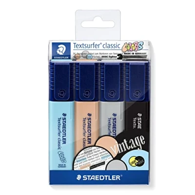 Afbeelding van Staedtler Textsurfer Classic, hoogwaardige markeerstift in vintage kleuren, 1 4 mm ronde punt, kunststof etui met bijpassende markeerstiften, 364 CWP4, verschillende kleuren