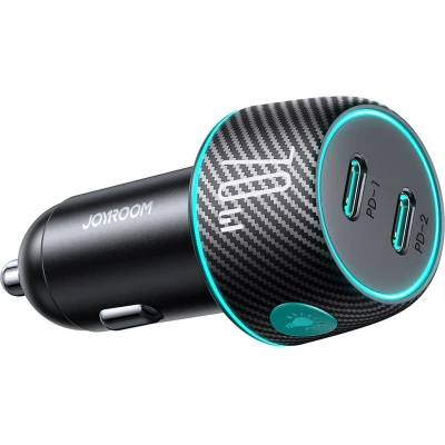 Afbeelding van Joyroom Autolader Snellader 2x USB C 70W met LED Zwart