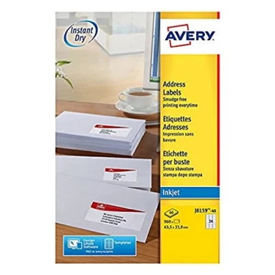 Afbeelding van Avery Witte etiketten QuickDry doos van 40 blad, ft 63,5 x 33,9 mm (b h), 960 stuks, 24 per blad etiket