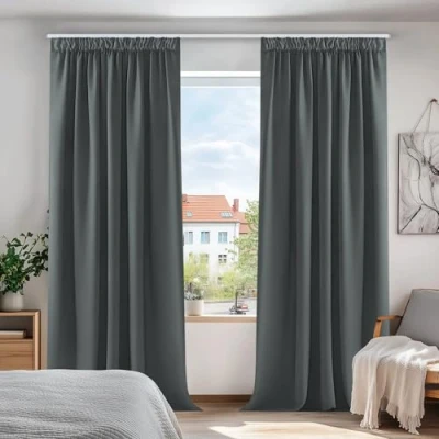 Afbeelding van Deconovo Verduisteringsgordijnen, 2 stuks, ondoorzichtig, voor kantoor, slaapkamer, jongens, gordijn, decoratie, keuken, woonkamer, plooiband, 140 x 260 cm, donkergrijs