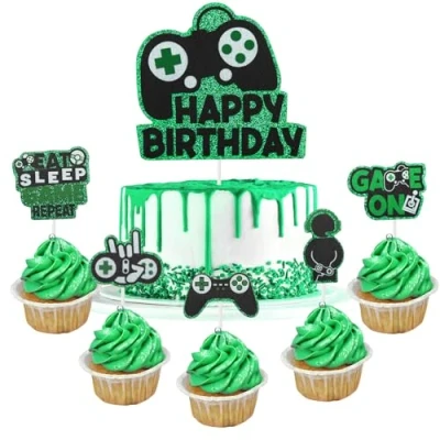 Afbeelding van Set van 6 feesttaartdecoraties met videogamethema, verjaardagsfeestdecoraties voor jongens, meisjes, kinderen, groen en zwart