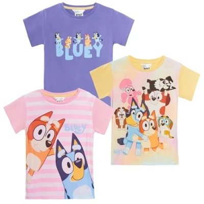 Afbeelding van Bluey Set van 3 T shirts voor meisjes 100% katoen, bingo kostuum puppy&#039;s, Meerkleurig