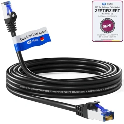 Afbeelding van hb digital Cat.6a Outdoor Cat6a netwerkkabel, 20 m, voor binnen en buiten, zwart, RJ45 stekker, ethernet LAN, S/FTP PIMF, 500 MHz, IP66, stofdicht, waterdicht, olie uv bestendig