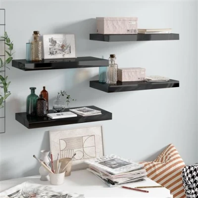 Afbeelding van Wandschappen zwevend 4 st 50x23x3,8 cm MDF hoogglans zwart