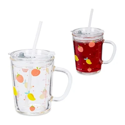 Afbeelding van Relaxdays drinkglazen set van 2 fruit limonadeglazen deksel rietje kinderen