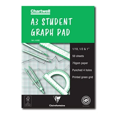 Afbeelding van Clairefontaine Ref J103BZ Chartwell grafisch blok (bevat 30 vellen) DIN A3 (420 x 297 mm) vierkante linialen 1/10, 1/2 en 1 inch, geperforeerd papier 70 g/m², FSC gecertificeerd