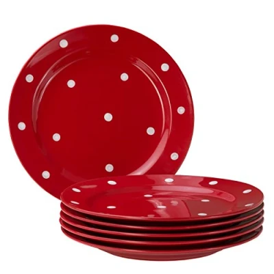 Afbeelding van van Well Emily Set 6 grote platte borden aardewerk met rode en witte stippen, Ø 275 mm