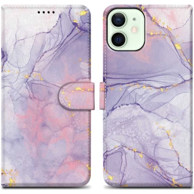 Afbeelding van Cadorabo Beschermhoesje voor Apple iPhone 12 Mini design marmer, roze, paars nr. 5, beschermhoes met magneetsluiting, standfunctie en kaartenvak