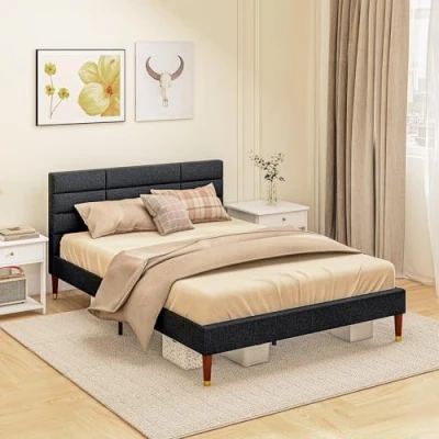 Afbeelding van HOMCOM Bedframe voor tweepersoonsbed, 140 x 200 cm, hoogte 17 met opbergruimte onder het bed, lattenbodem en gestoffeerd hoofdeinde, van hout stof, zwart
