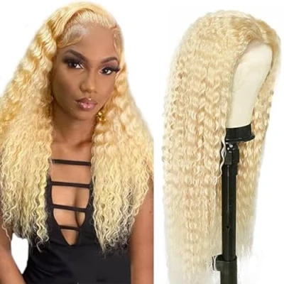 Afbeelding van Tuheerst Blonde pruik van echt haar, krullend, golf, 4 x 4#613, Zwitserse kant, 100% onbehandeld, Braziliaans Remy Pre geplukt, natuurlijk met babyhaar, geen geur voor dames, 30,5 cm