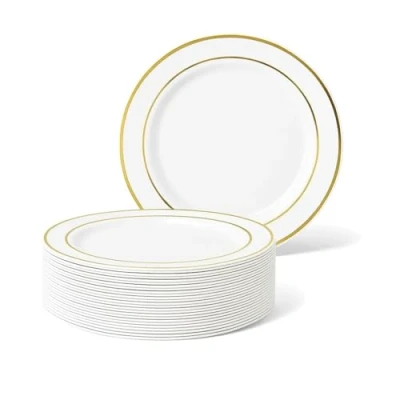 Afbeelding van MATANA 25 Kleine Witte Plastic Borden met Gouden Rand (19cm), Dessert Feestbordjes voor Bruiloften, Verjaardagen, Kerstmis &amp; Feesten Stevig en Herbruikbaar